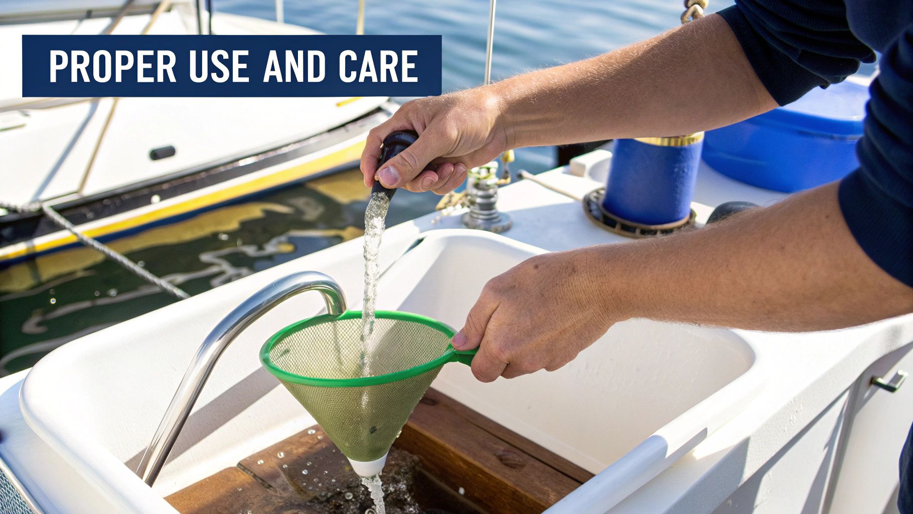 Hands pour water from a hose through a green mesh filter funnel into a boat sink.
