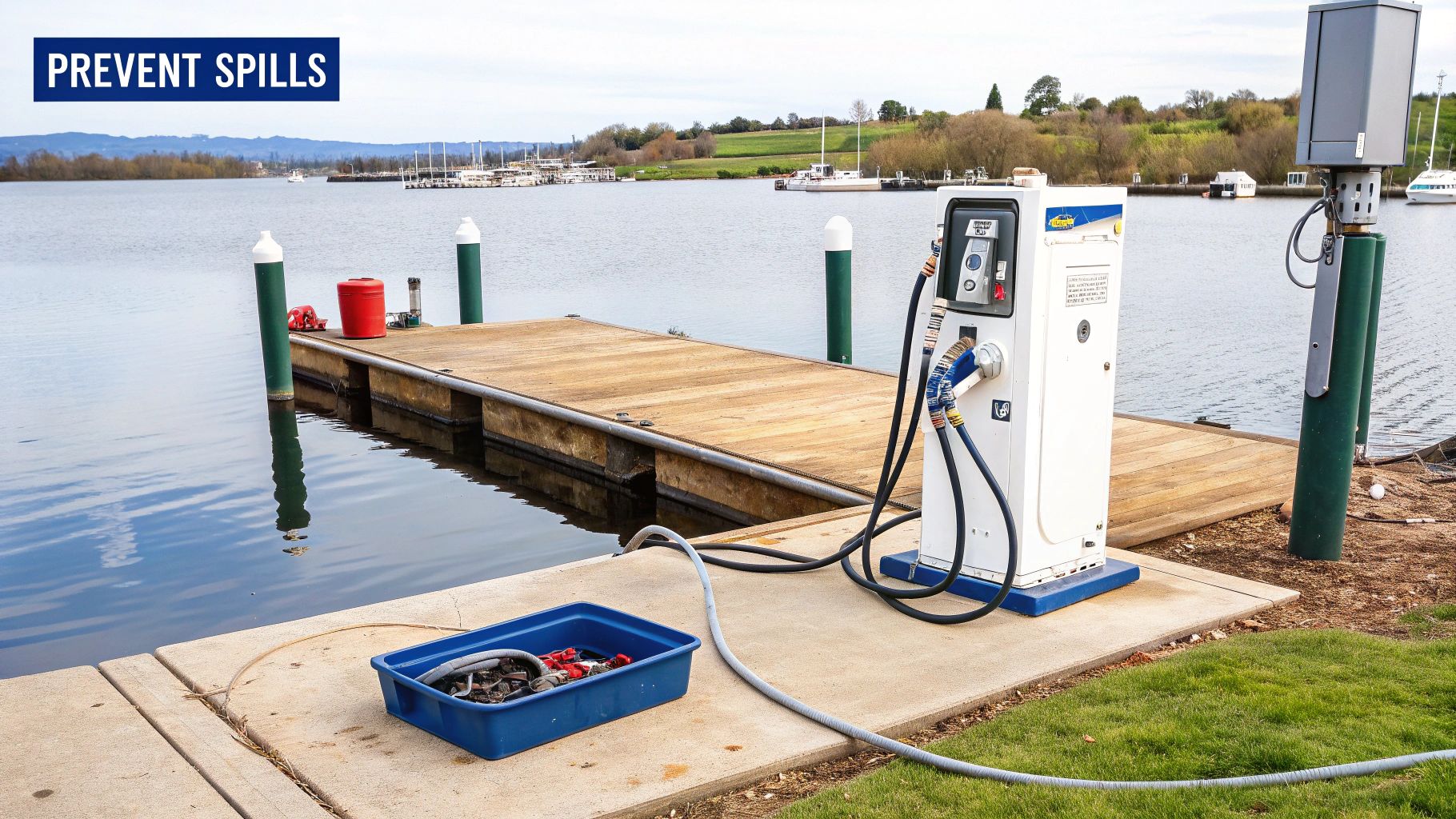 A boat pump station on a dock with a blue spill containment bin and hoses for refueling.