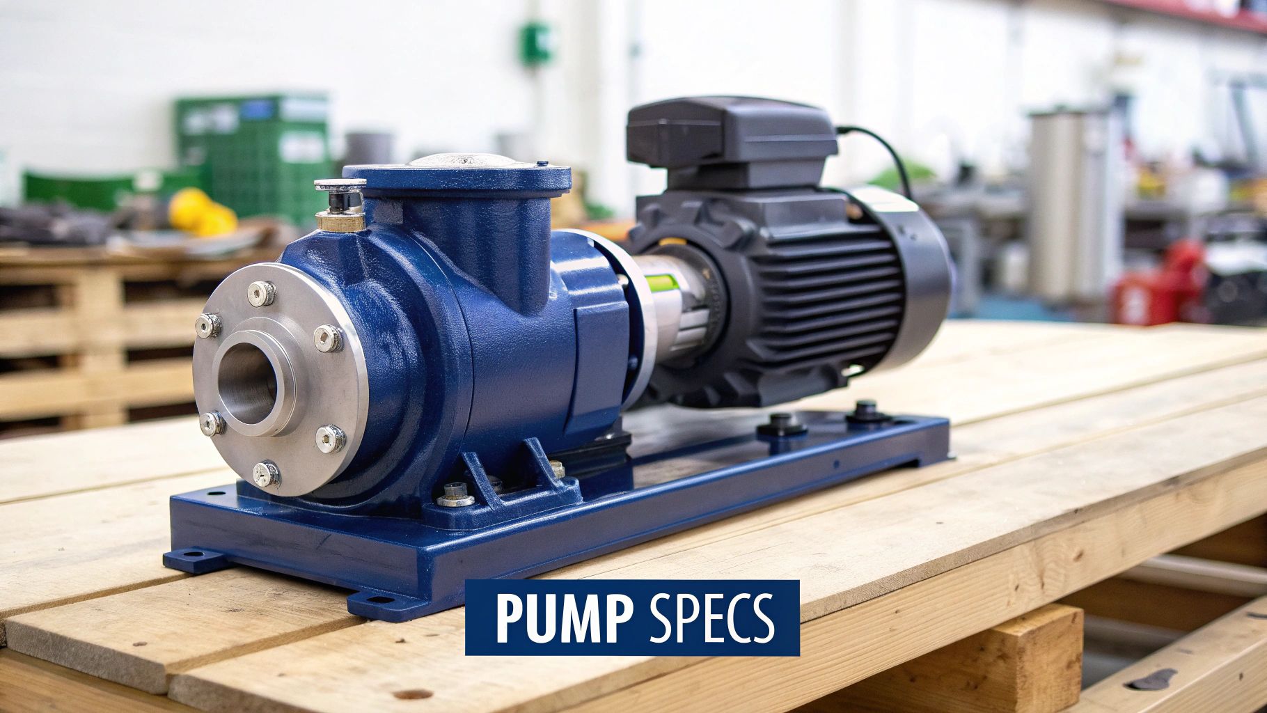 A robust blue industrial pump connected to an electric motor, mounted on a blue baseplate in a workshop.