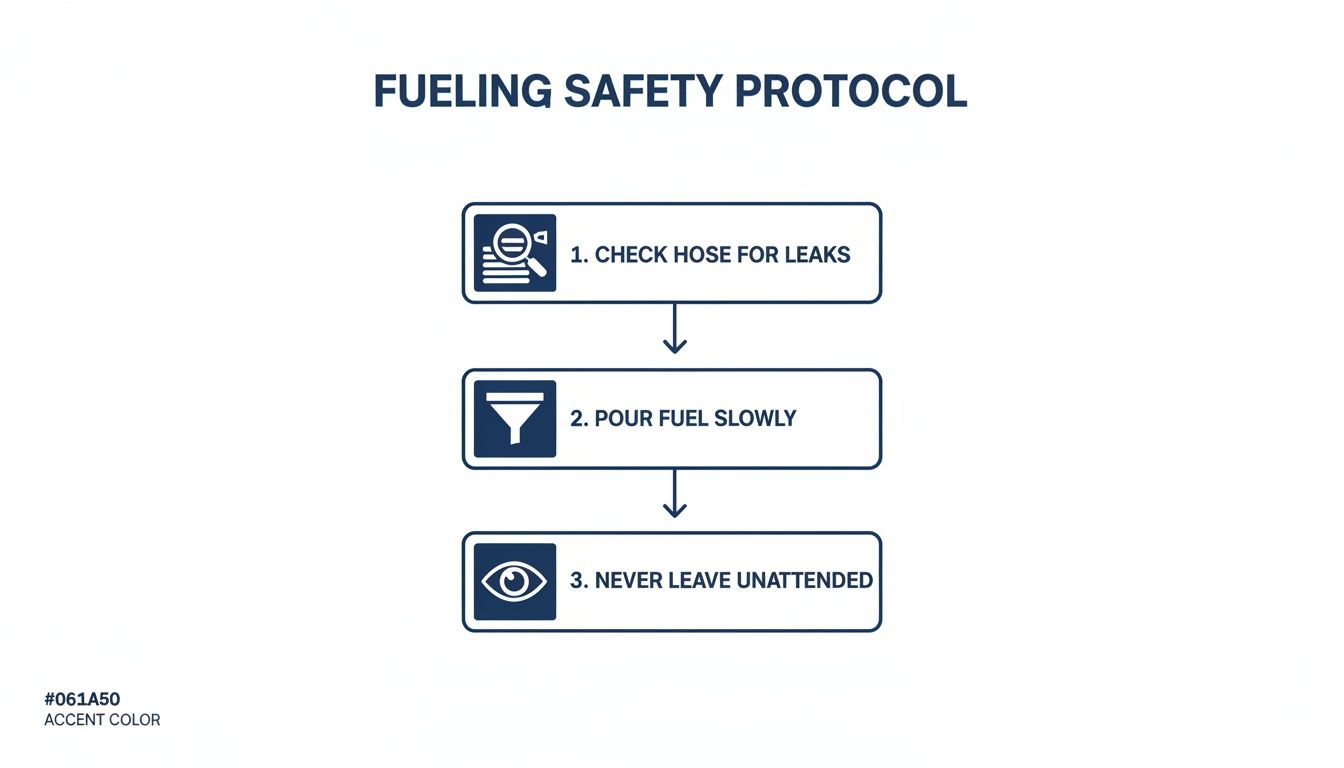 A fueling safety protocol flowchart outlining three steps: check hose for leaks, pour fuel slowly, and never leave unattended.