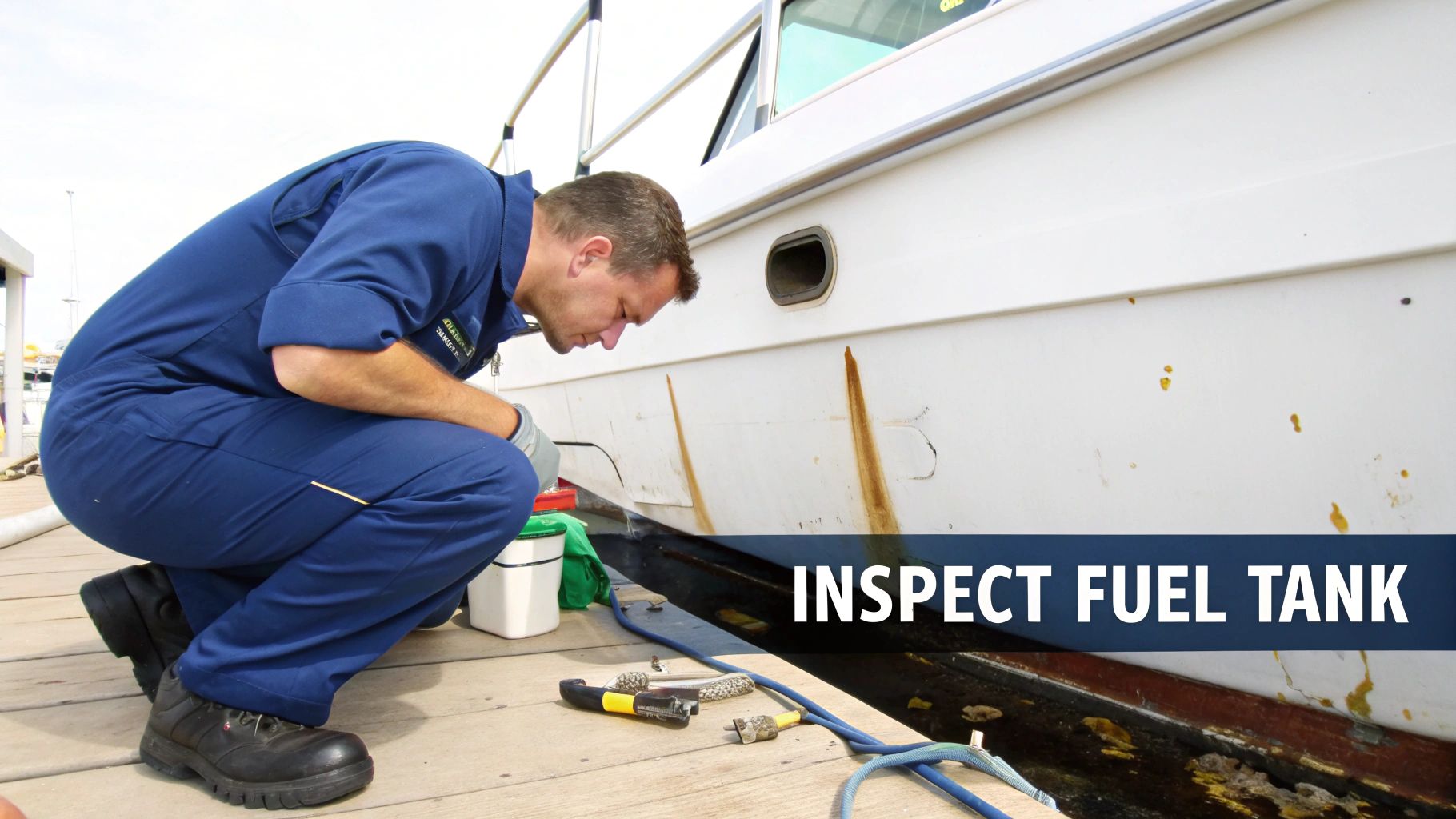 A man in a blue uniform crouches, inspecting the hull of a white boat for stains. Text says 'INSPECT FUEL TANK'.
