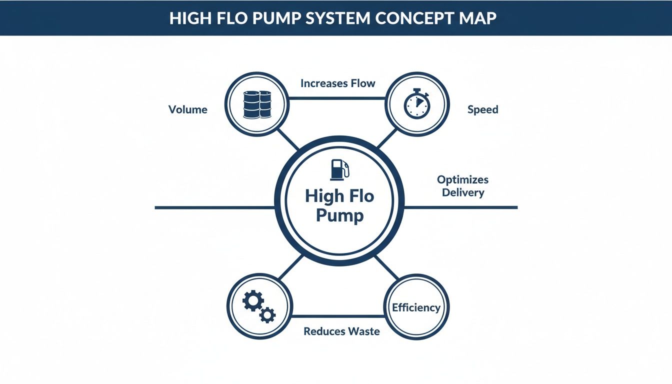 A concept map illustrating the High Flo Pump System's benefits: increased flow, optimized delivery, and reduced waste.
