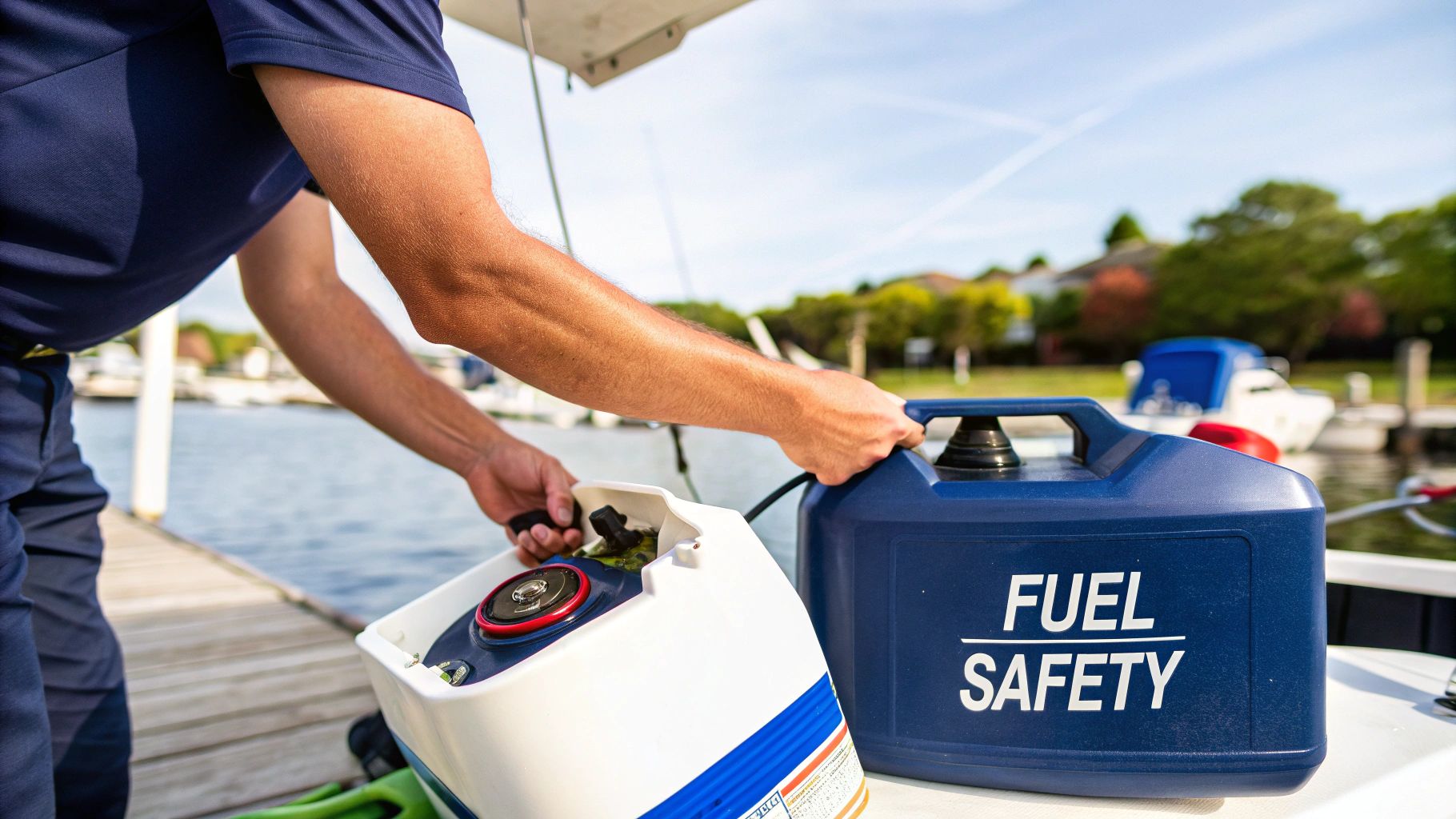 A person preparing to refuel a boat, handling two portable fuel tanks on the dock.