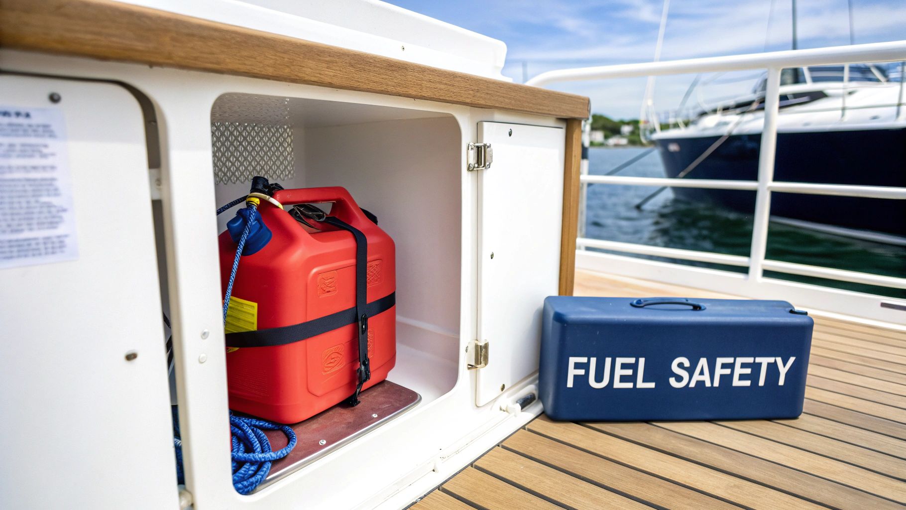 A boater carefully pouring fuel from a red portable fuel can into a boat's fuel tank at a marina.