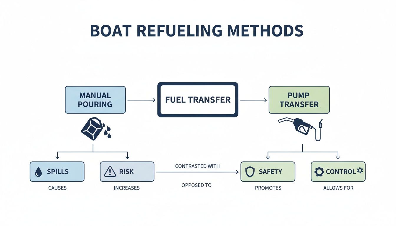 Diagram illustrating boat refueling methods, contrasting manual pouring's spills and risks with pump transfer's safety and control.