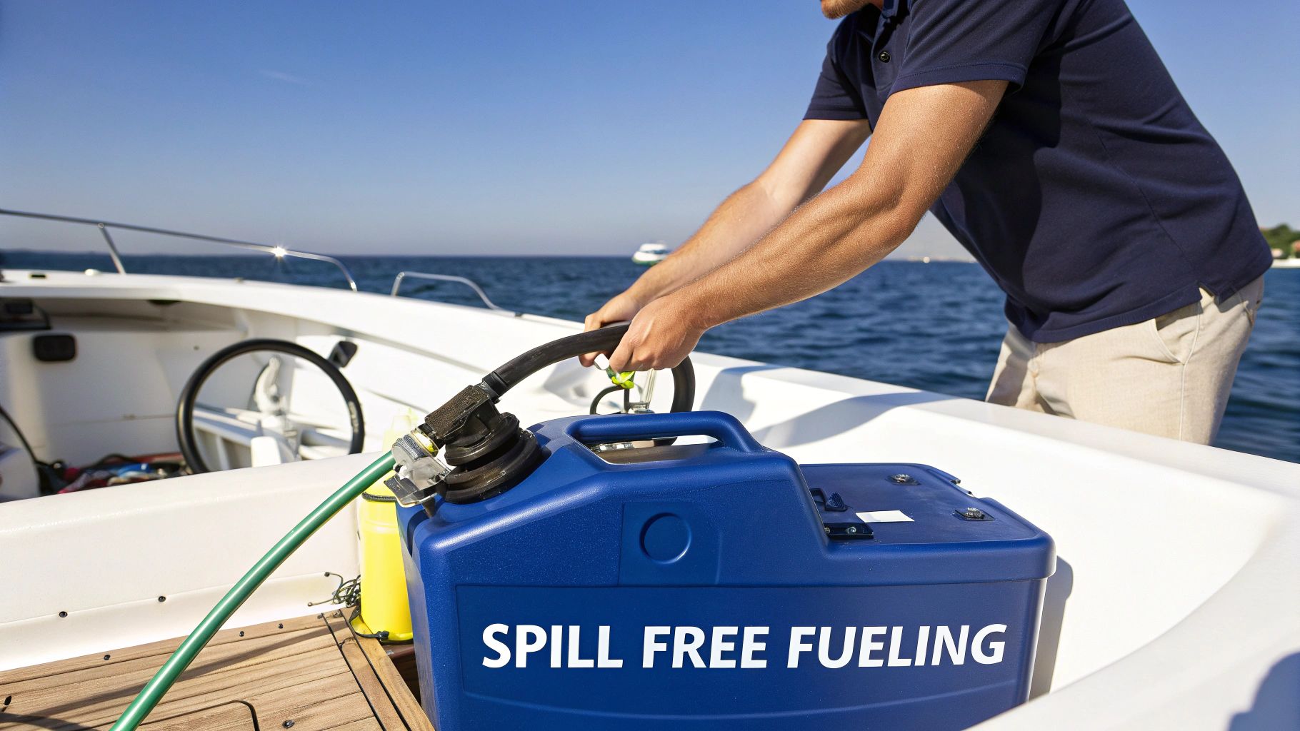 A man fuels a boat on the water using a blue spill-free gas can on a sunny day.
