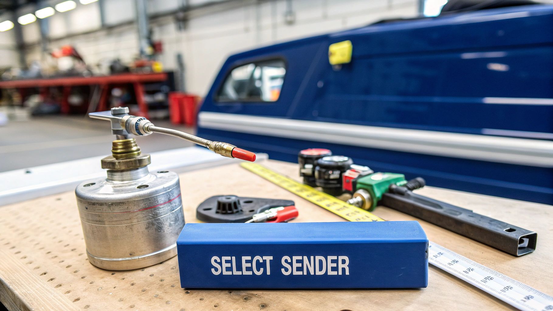 Several different types of boat fuel sending units arranged on a wooden dock surface