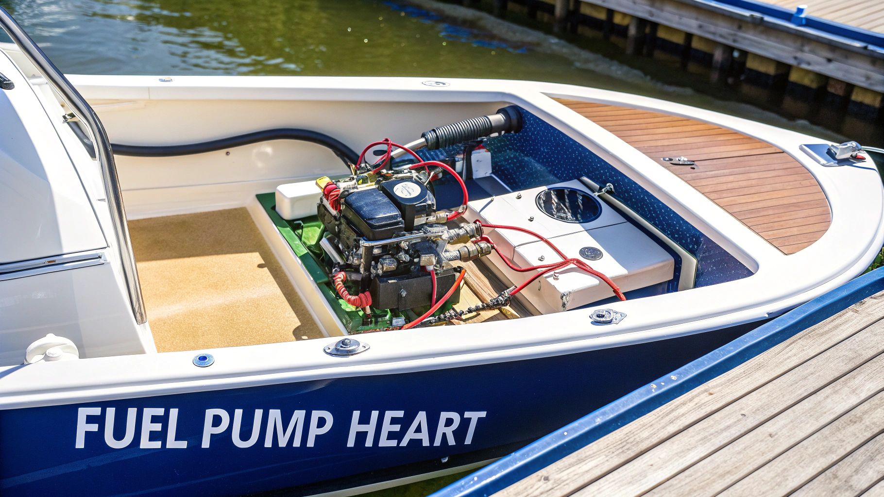 A modern gas pump being used to refuel a boat at a marina dock