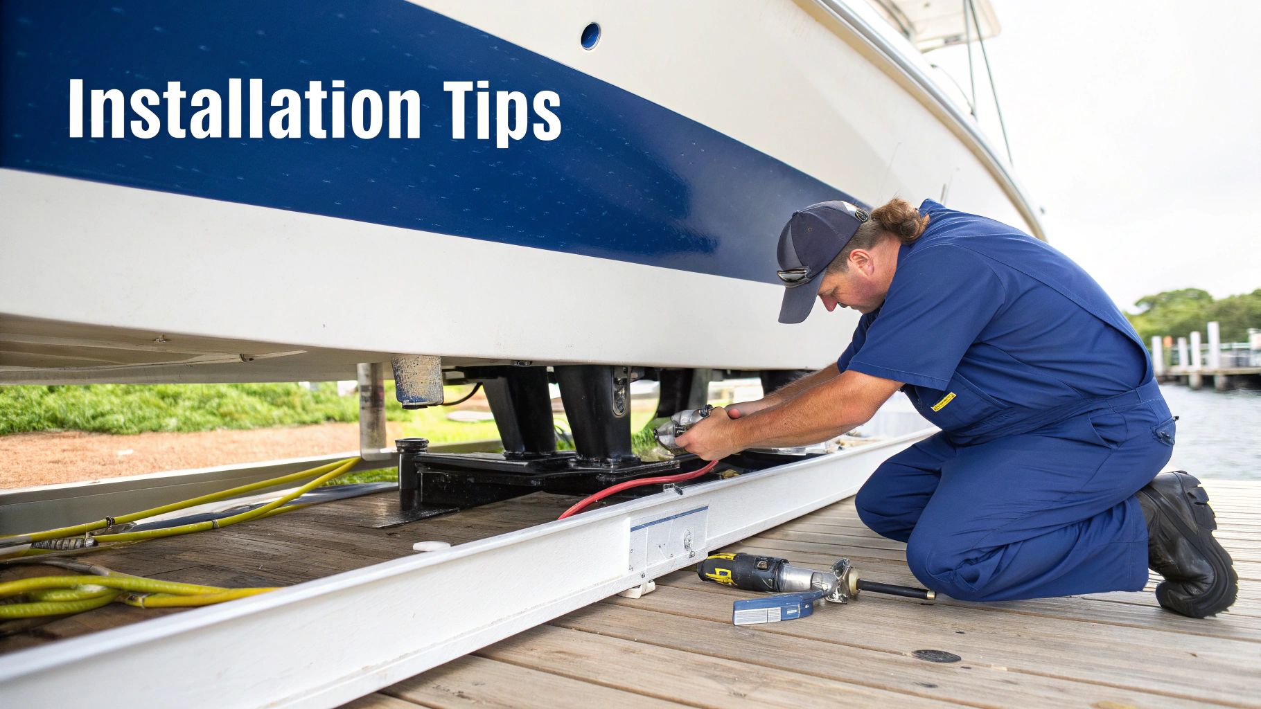 Man in blue overalls kneels, installing equipment under a boat on a wooden deck, 'Installation Tips' overlay.