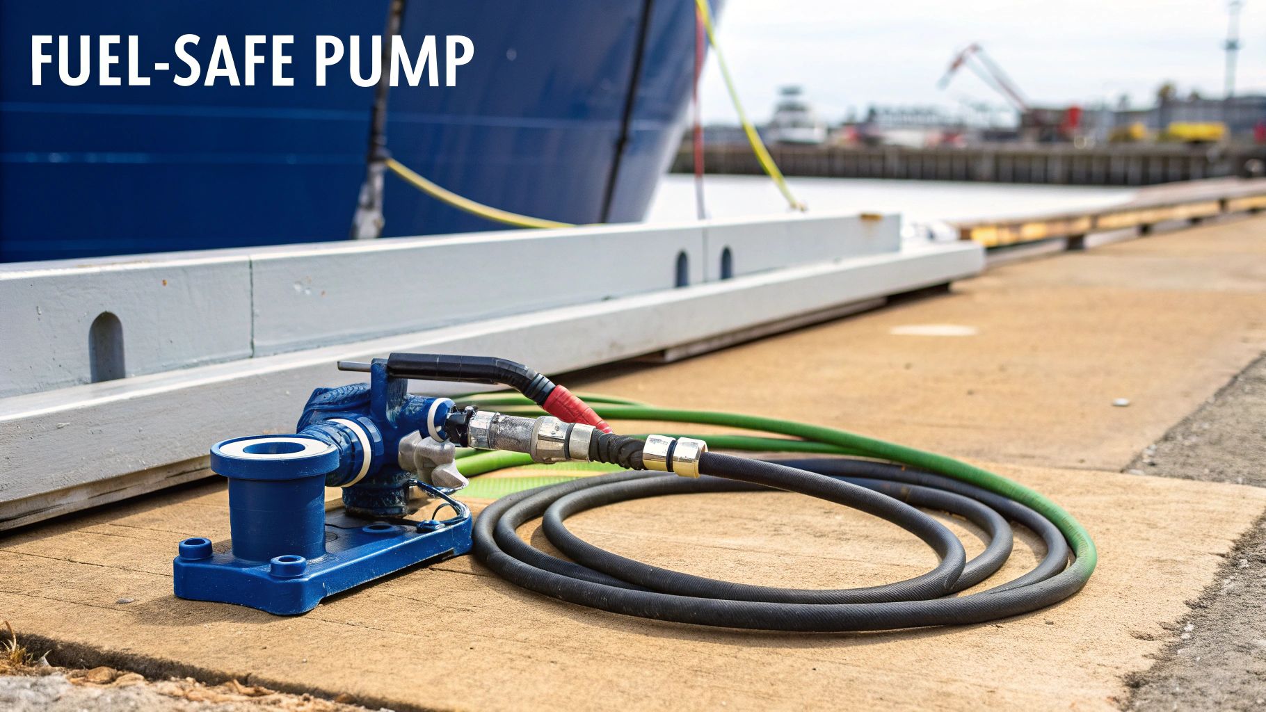 A blue fuel-safe pump with hoses sits on a concrete dock near a large blue ship.