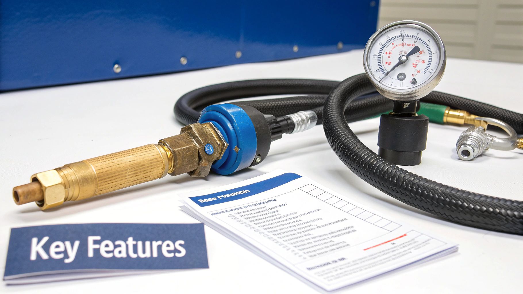 A pressure gauge, black braided hoses, brass fittings, and a 'Key Features' document on a white surface, part of a fuel transfer system.