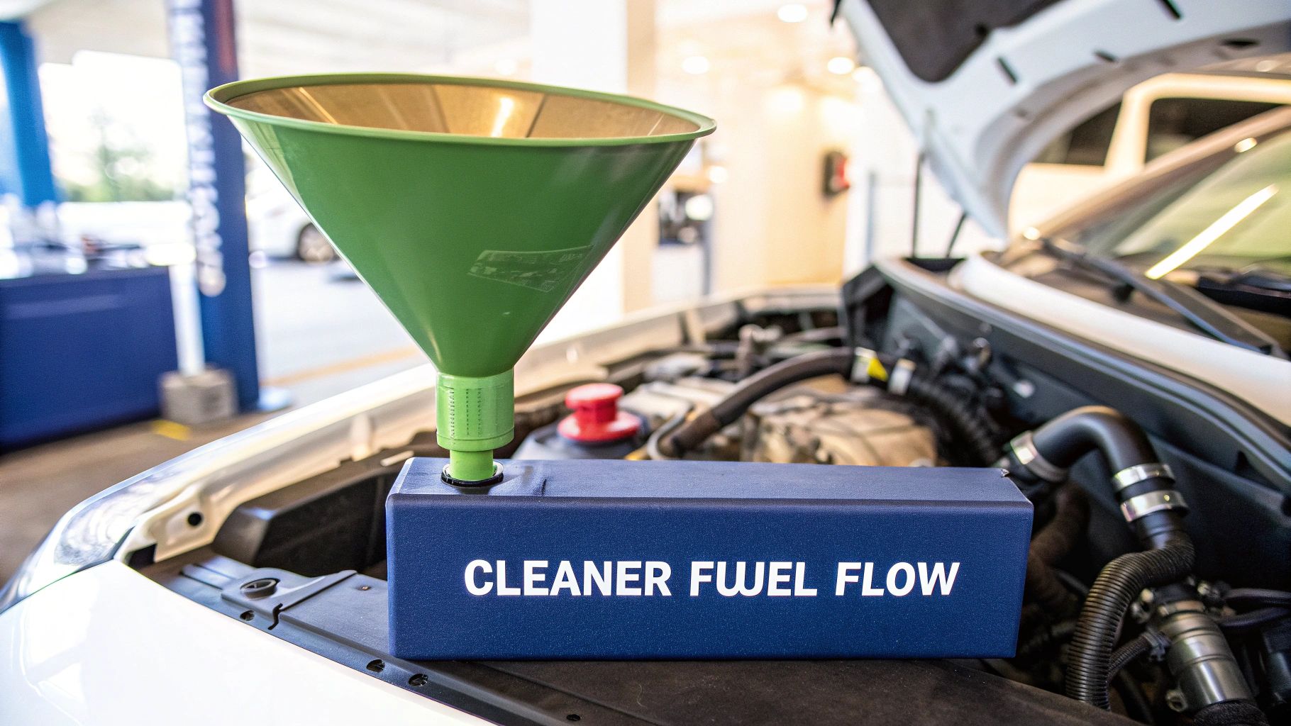 Man holding a gasoline filter funnel ready to fuel a boat