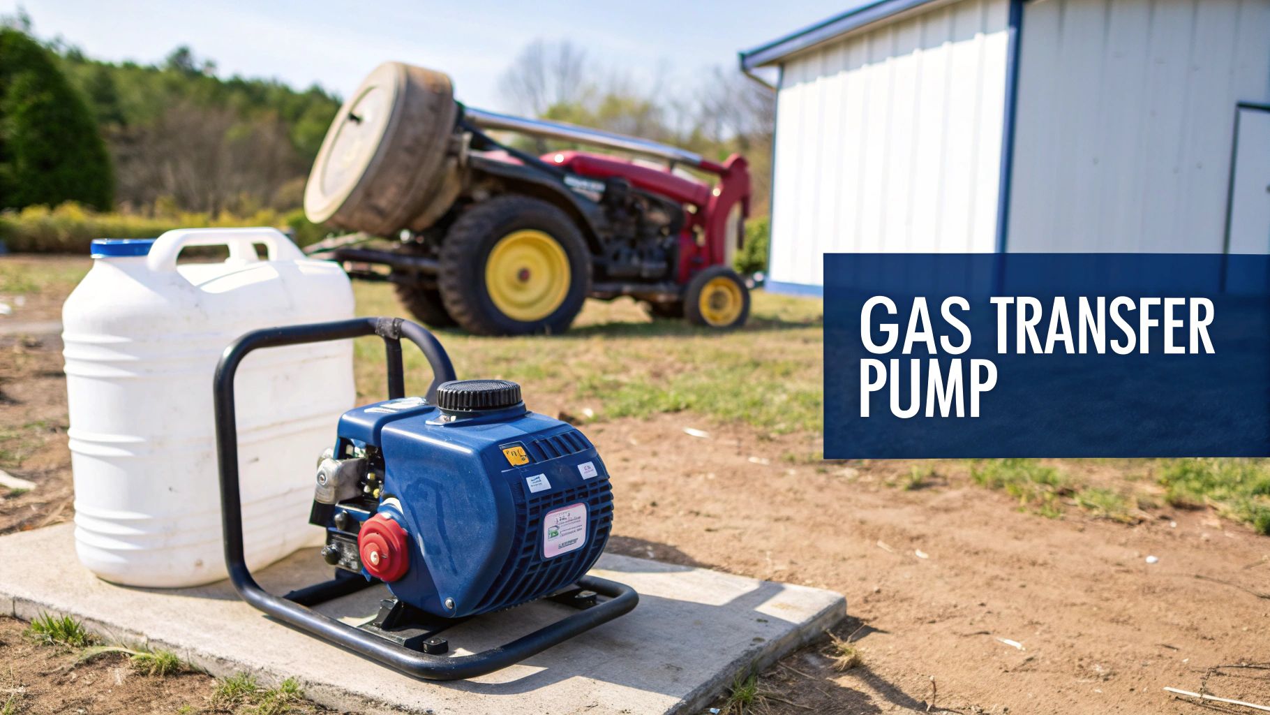 A person using a gas tank transfer pump to refuel a boat from a portable gas can.