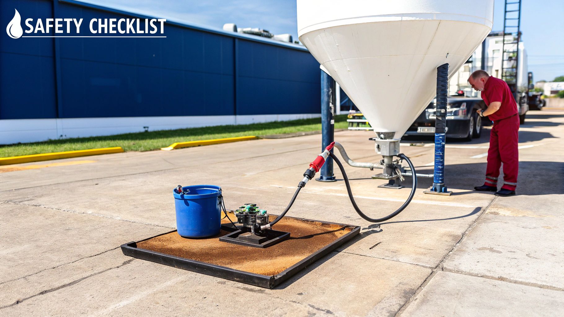 Man in red overalls inspects an industrial silo with a fluid transfer system and spill containment.
