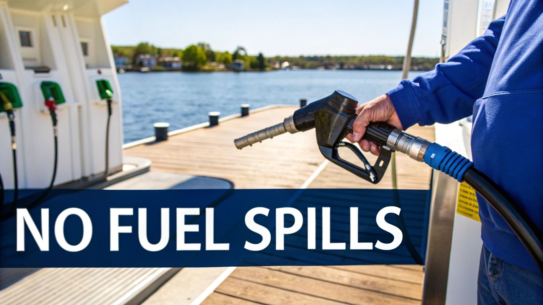 Hand holding fuel nozzle at a marina, promoting no fuel spills into the water.