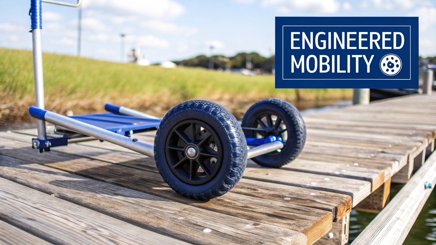 A close-up view of the sturdy wheels and secure frame of a gas dock caddy.