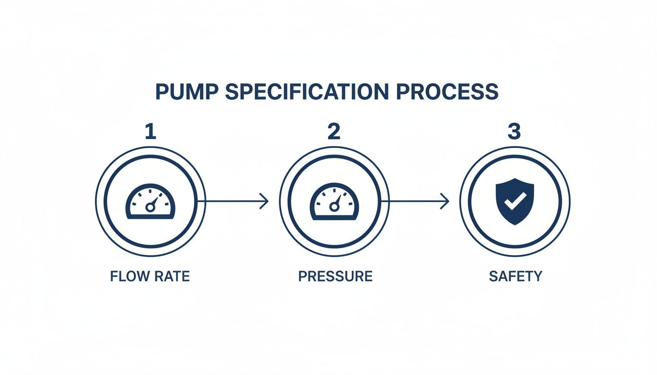Diagram illustrating the three-step pump specification process: Flow Rate, Pressure, and Safety.