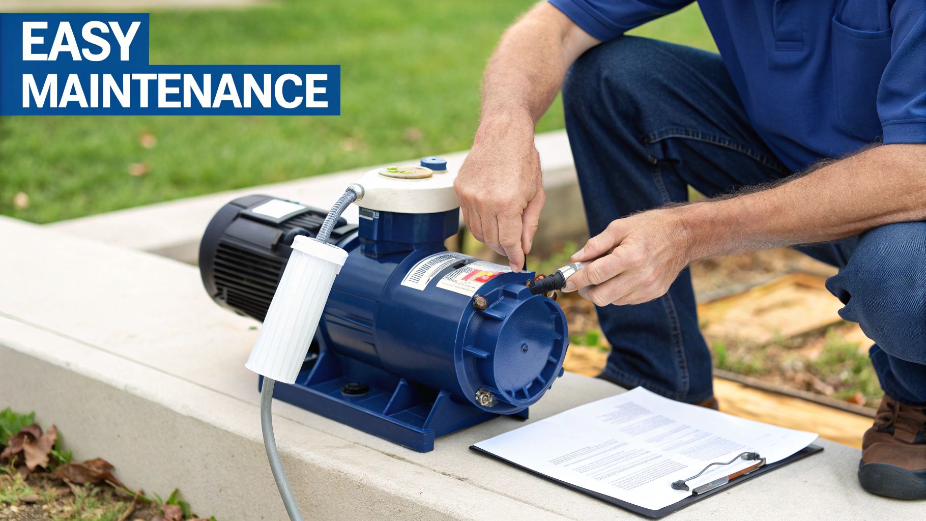 A man performing easy maintenance on a blue industrial pump outdoors, with a white filter.