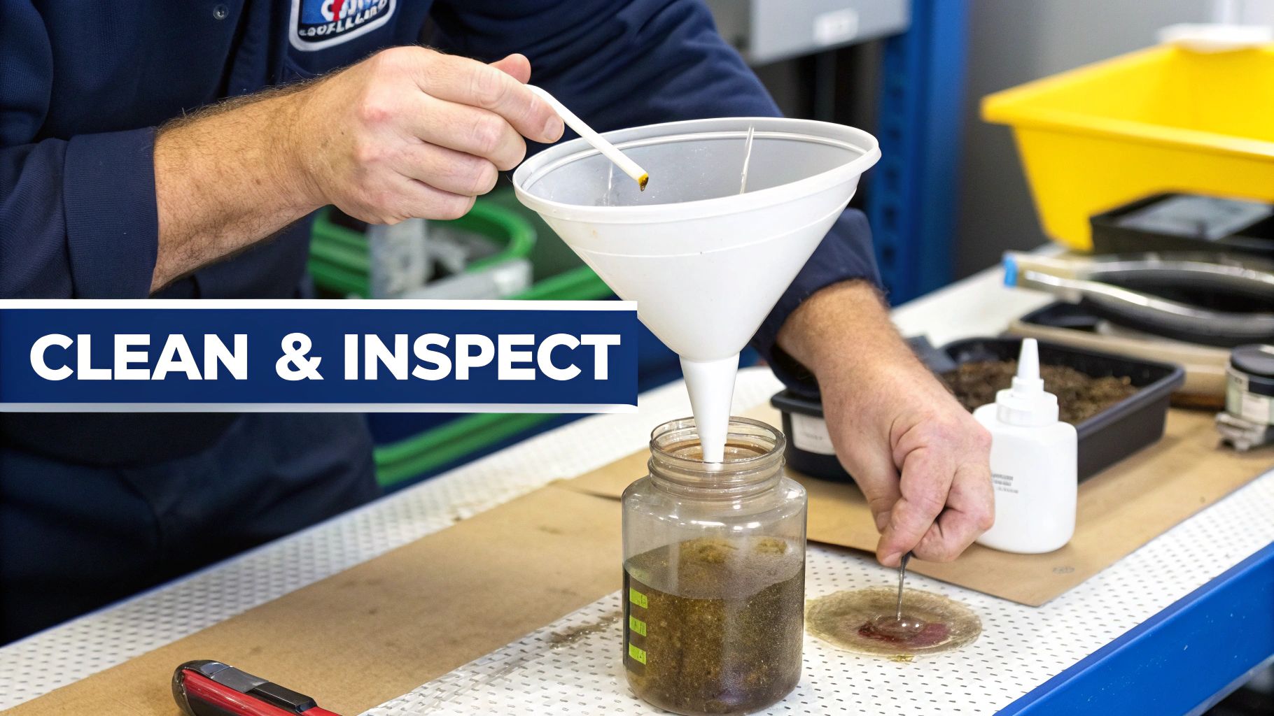 A person uses a white funnel to filter a dark liquid into a clear jar, as part of a clean and inspect process.
