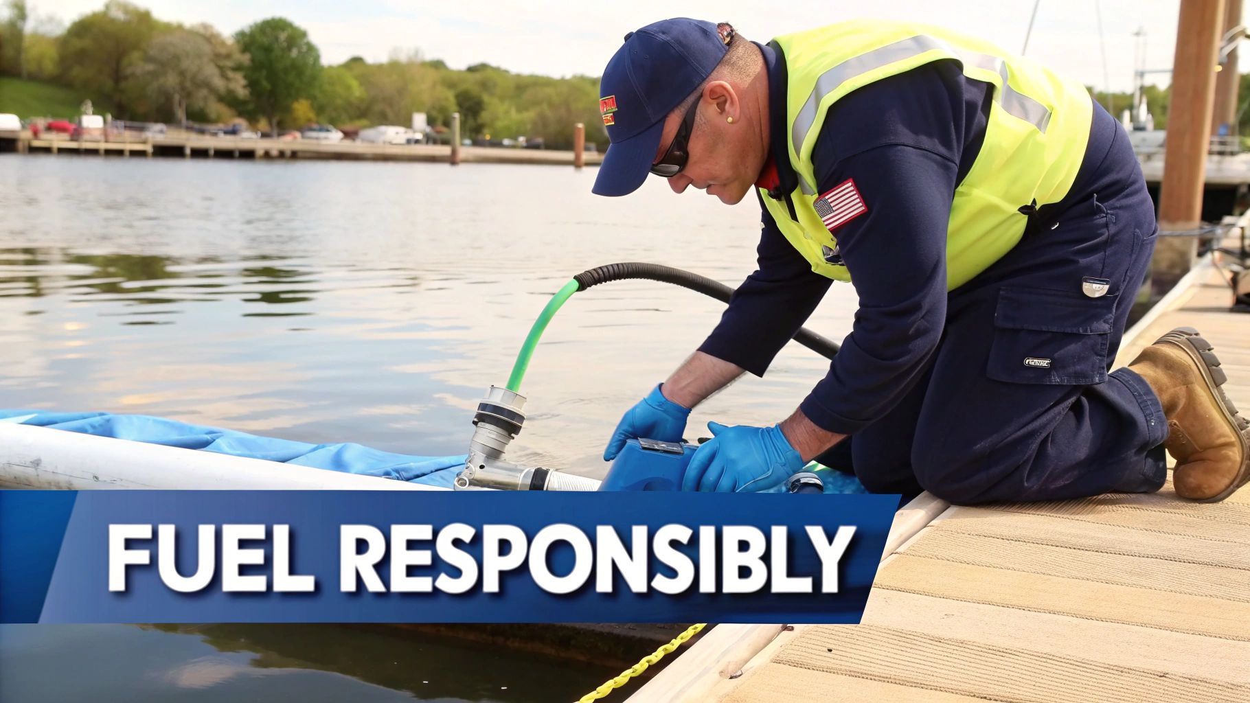 Worker in safety vest and gloves carefully fueling a boat from a dock, emphasizing responsible practices.