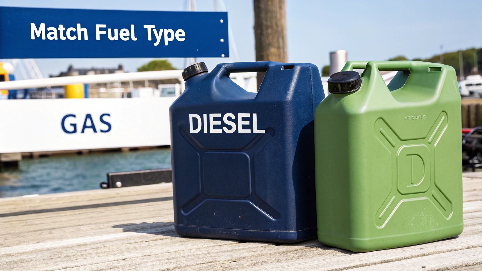 Two portable fuel cans, one red and one yellow, sit on a wooden dock next to the water.