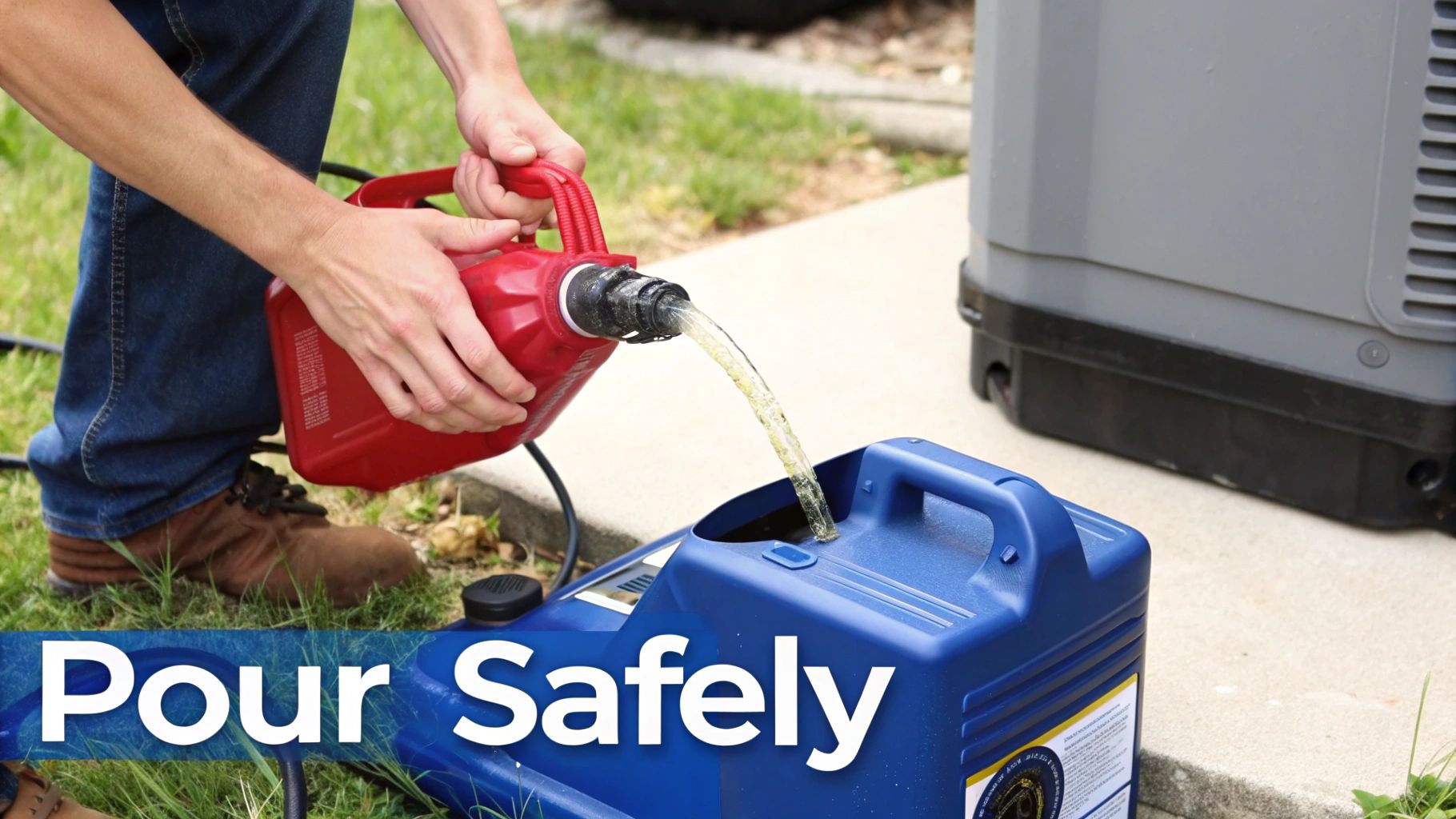 A person safely filling a red gas can on the ground at a gas station.