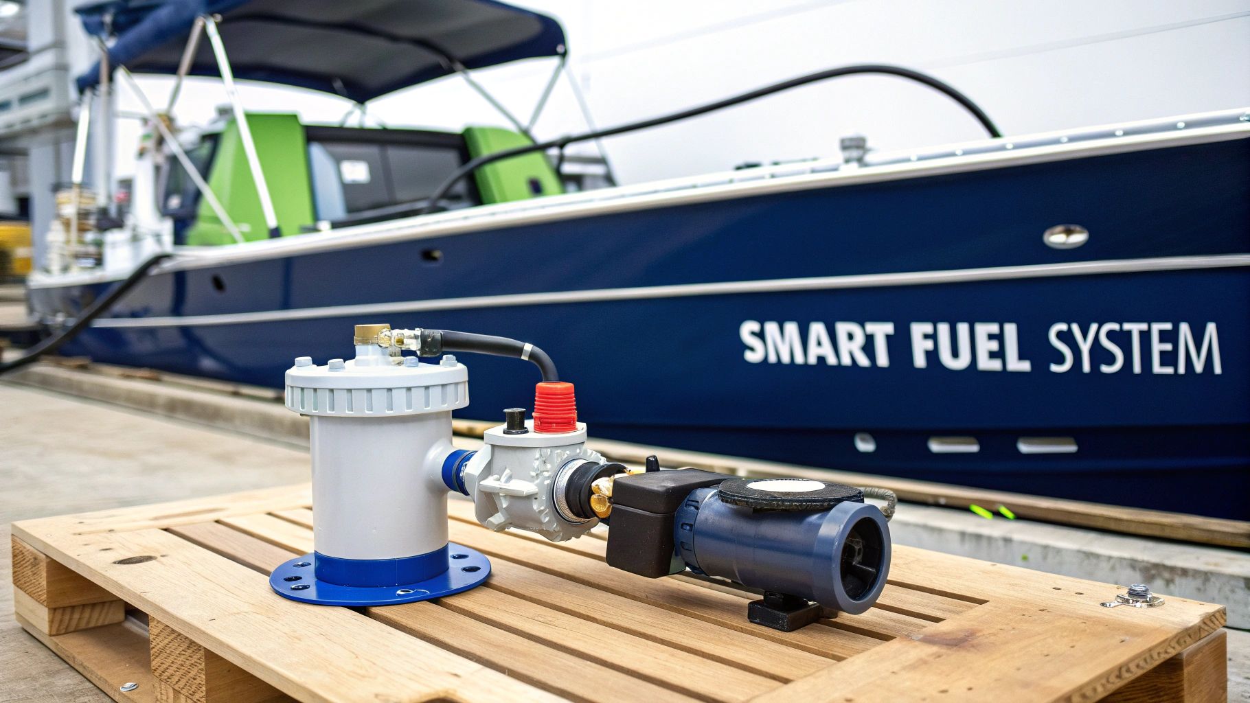 A modern boat being refueled at a clean, modern marina.