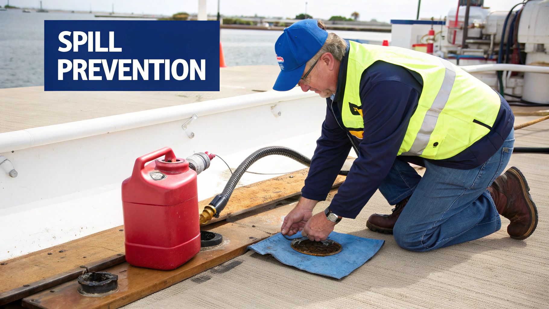 A person carefully maintaining their hand pump gas can setup.