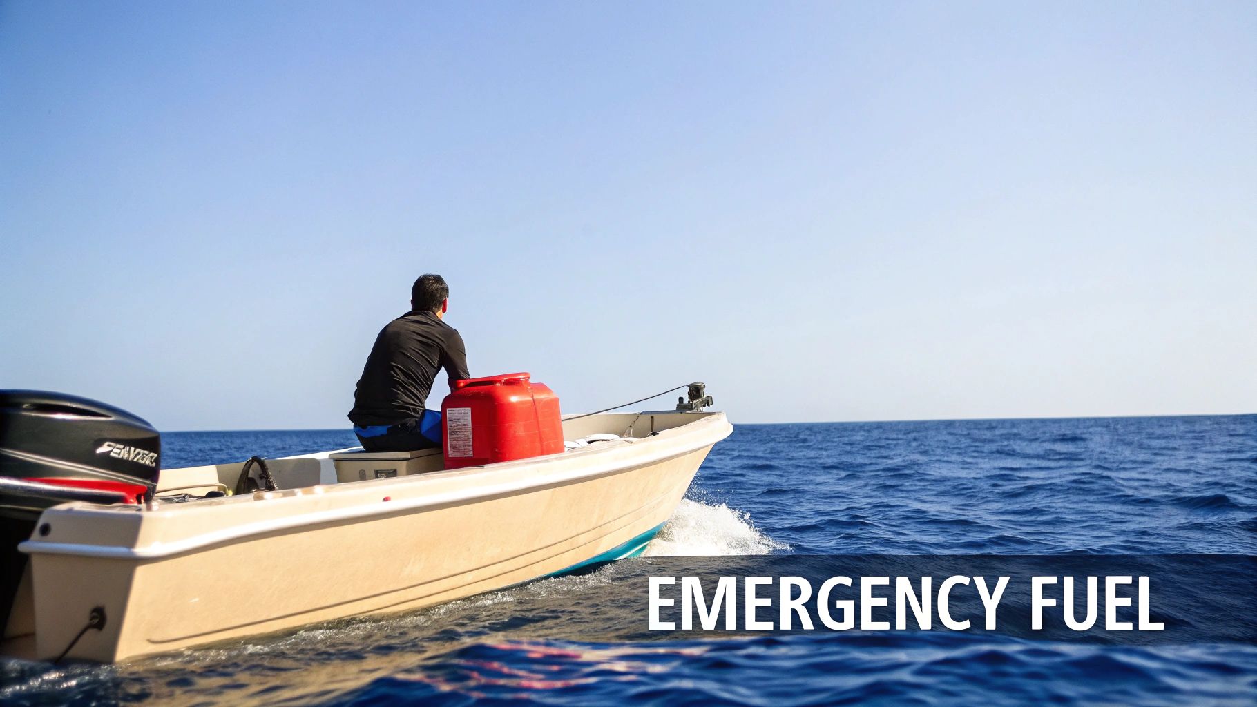 A person in a small boat at sea, with a visible red emergency fuel container.
