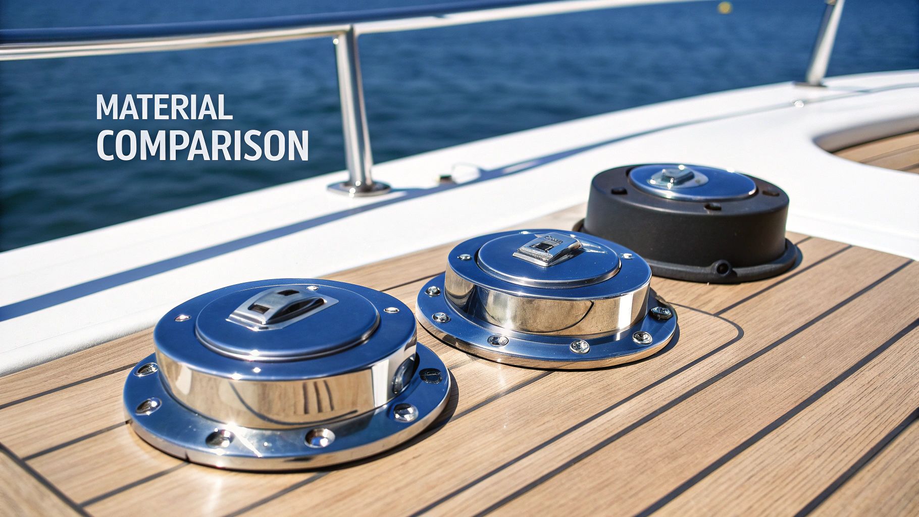A close-up of a stainless steel marine fuel filler on a boat deck