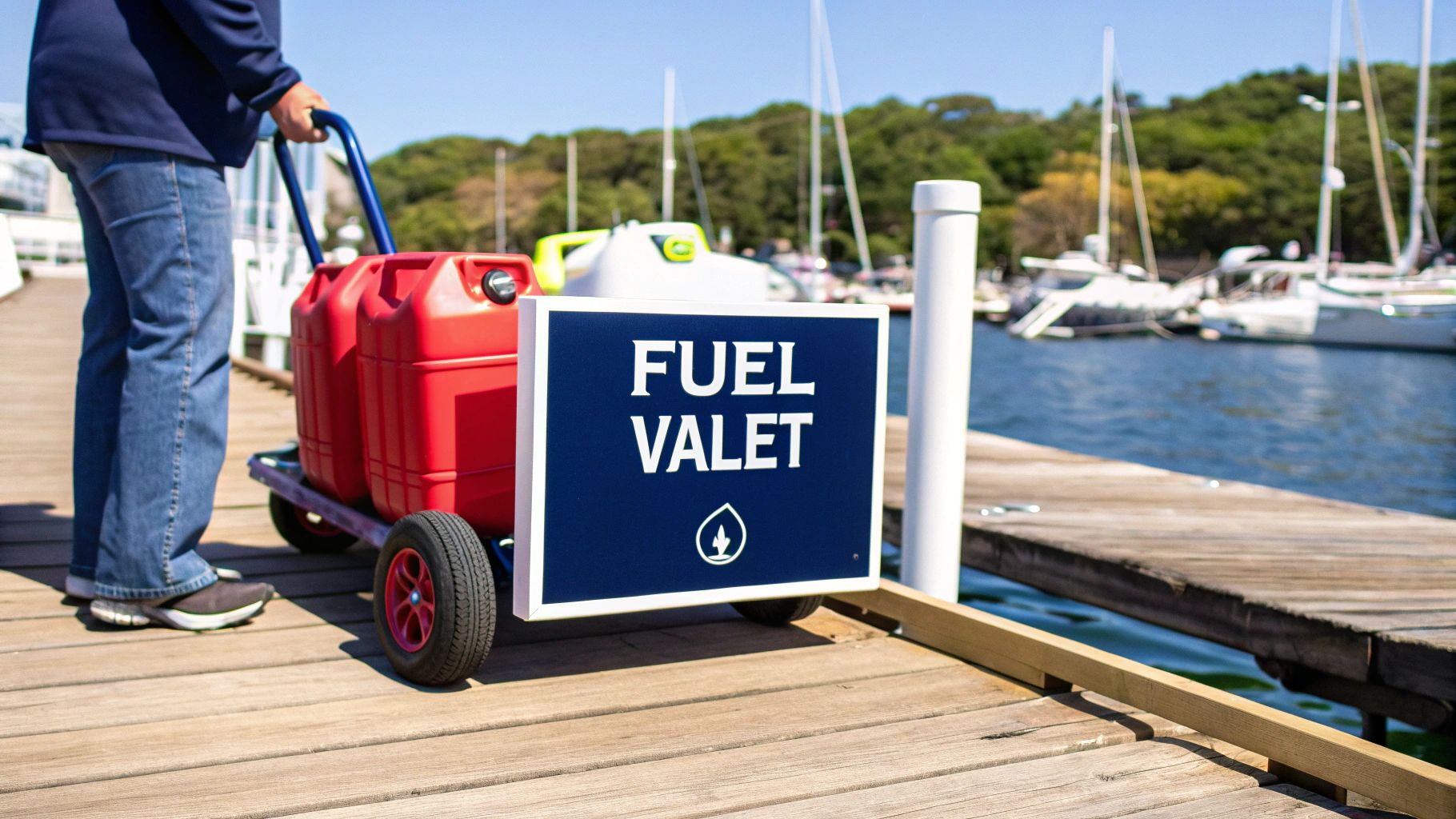 A person effortlessly moving fuel cans on a gas dock caddy along a marina dock