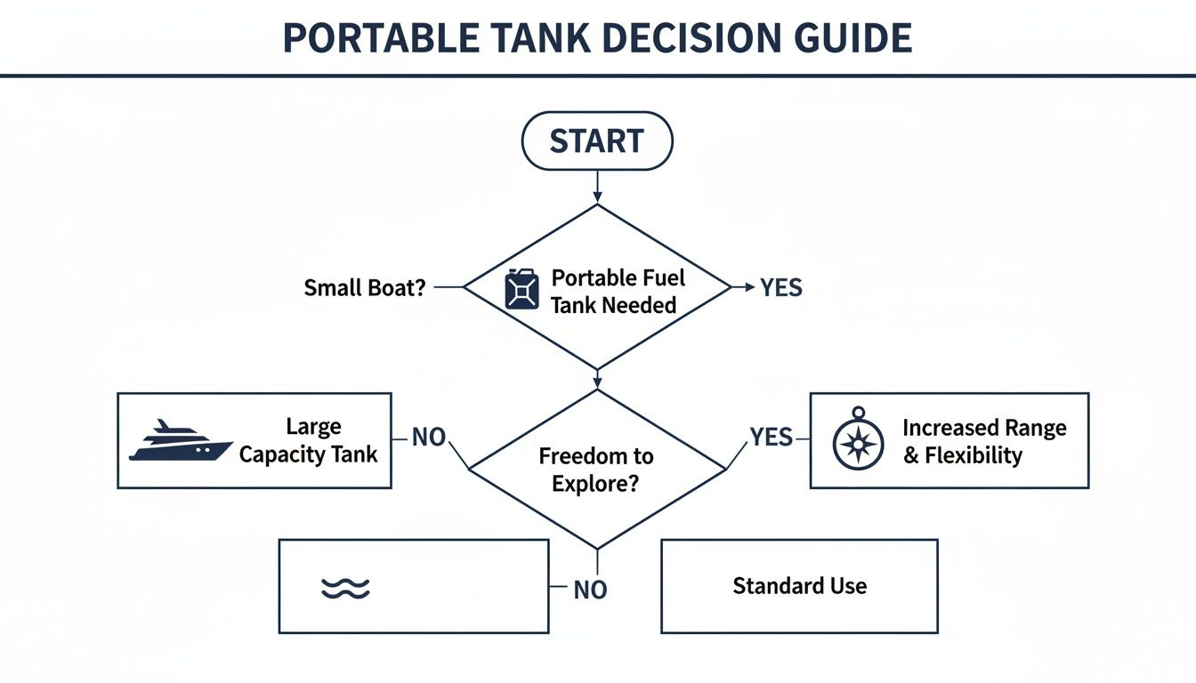 Flowchart guiding decisions for portable marine fuel tanks based on boat size and exploration needs.