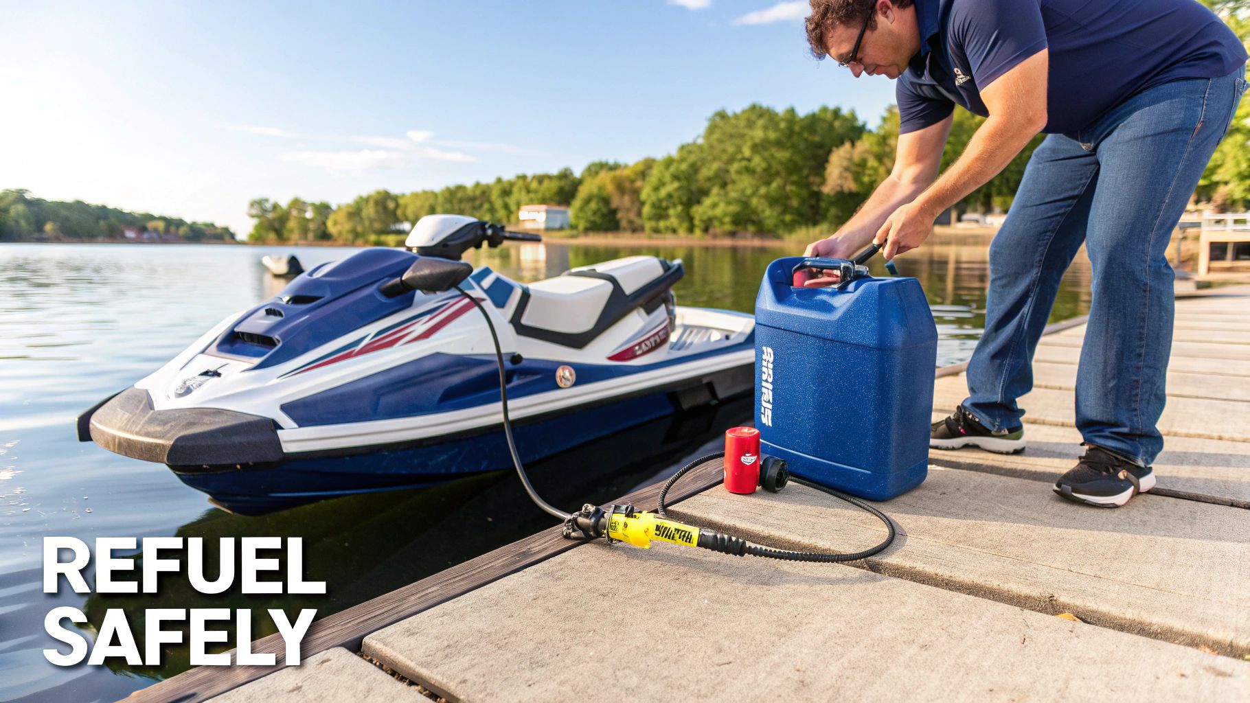 A person carefully refueling their jet ski on calm water
