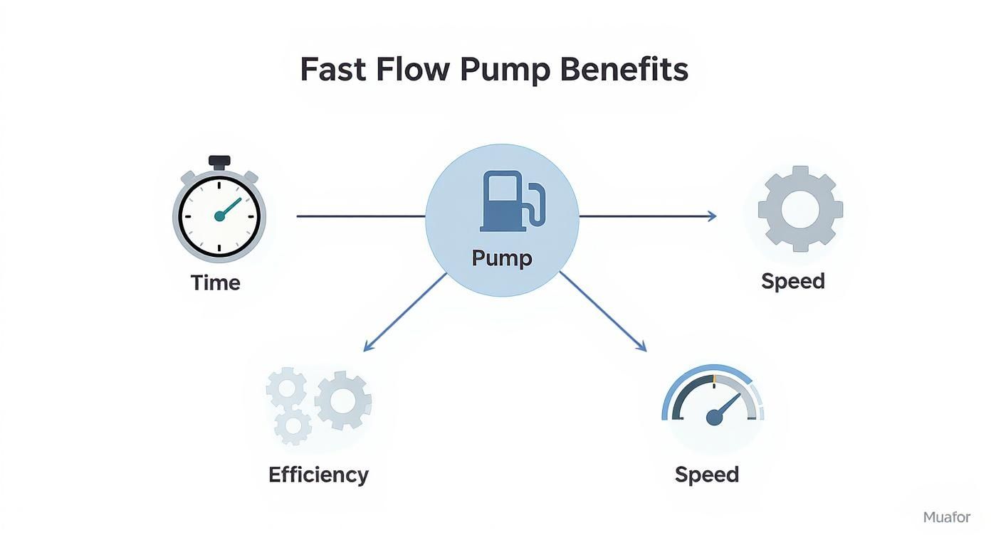 Diagram illustrating the benefits of a fast flow pump, connecting time, speed, and efficiency.