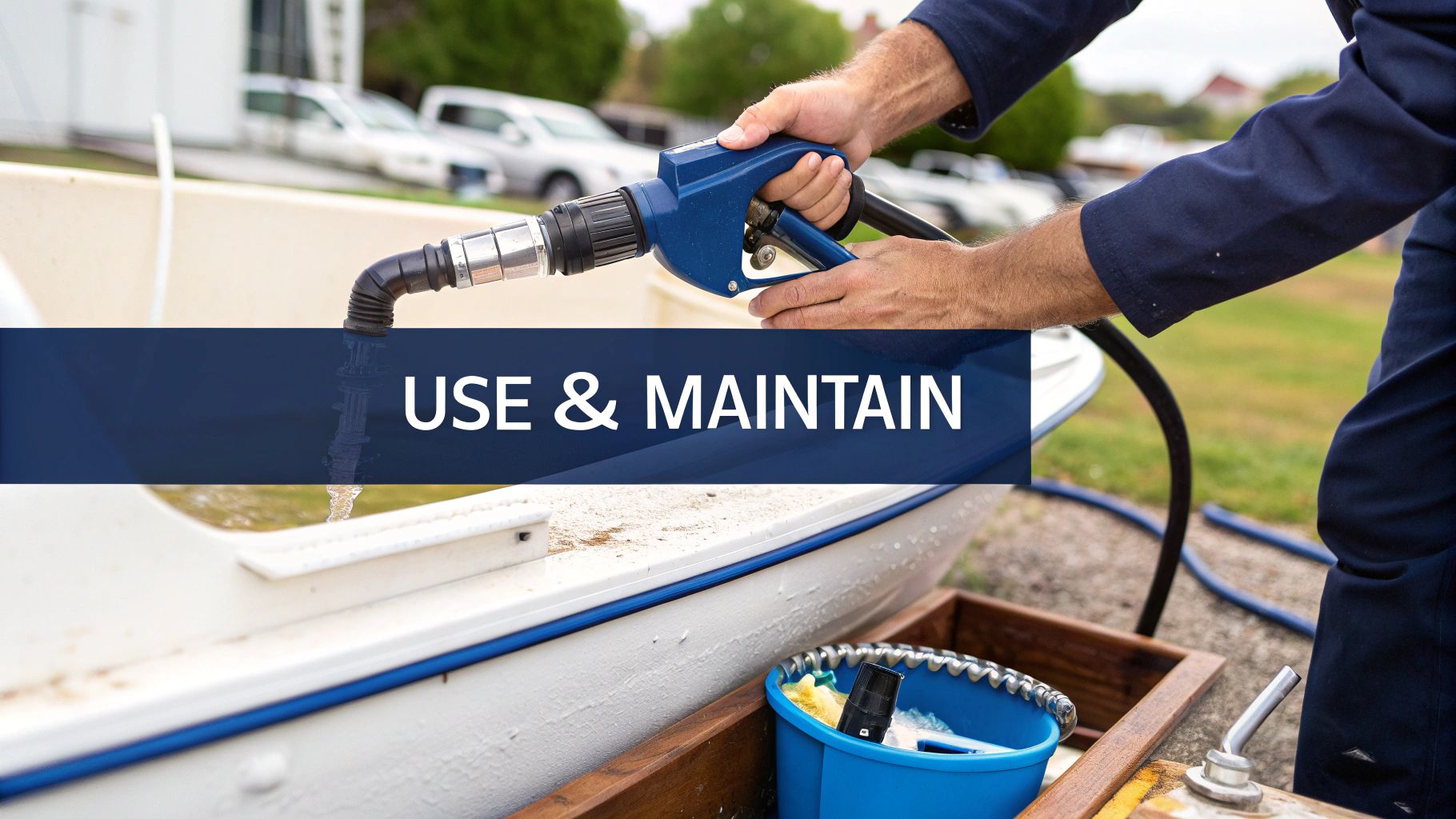 Hands hold a blue fuel nozzle, pumping gasoline into a white boat, with text "USE & MAINTAIN".
