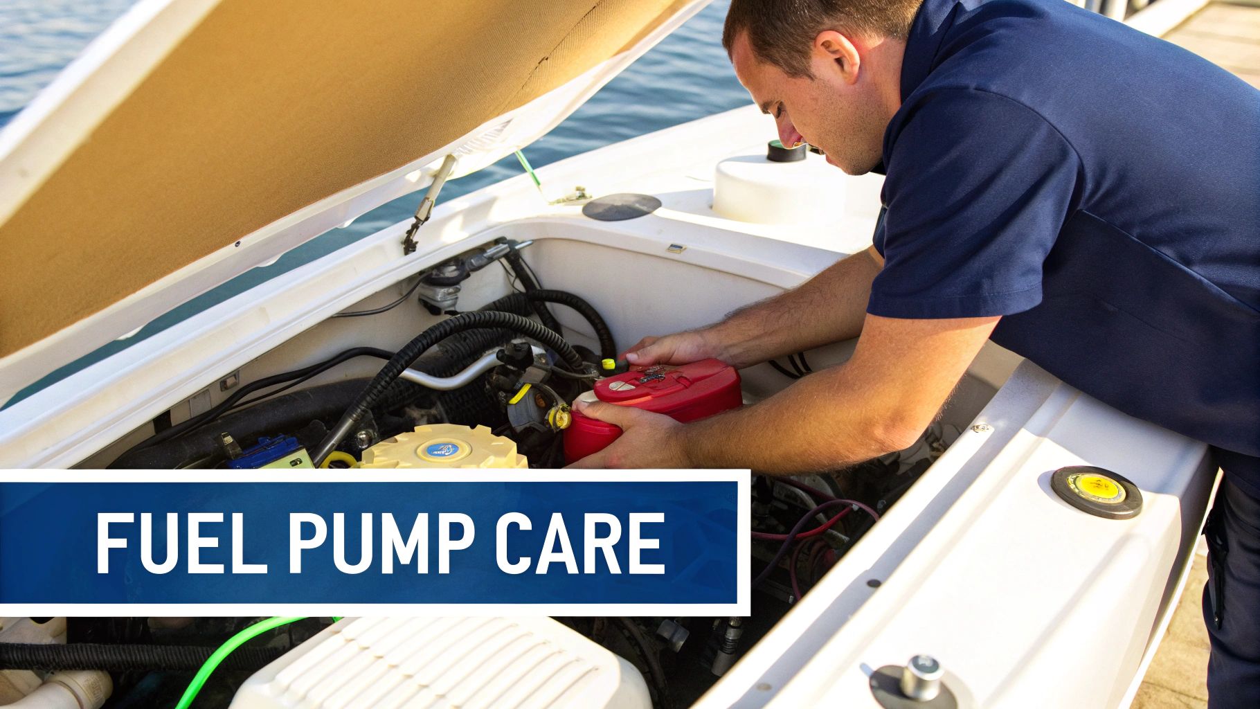 A person inspecting a boat's engine compartment and fuel pump.