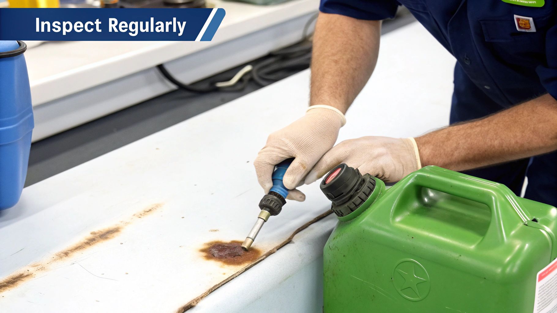 A gloved worker inspects a rust stain on a white surface next to a green portable fuel container.