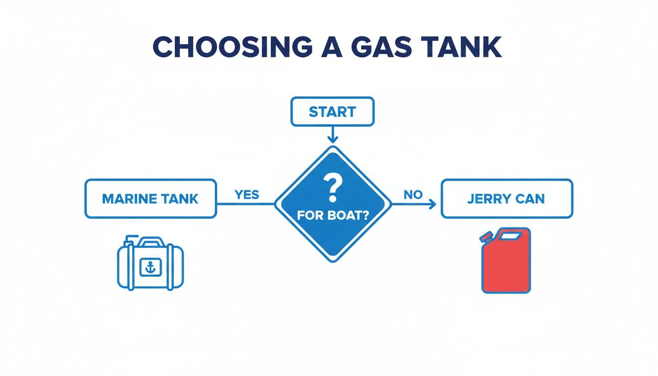 A flowchart titled 'Choosing a Gas Tank' guiding selection based on whether it's for a boat.