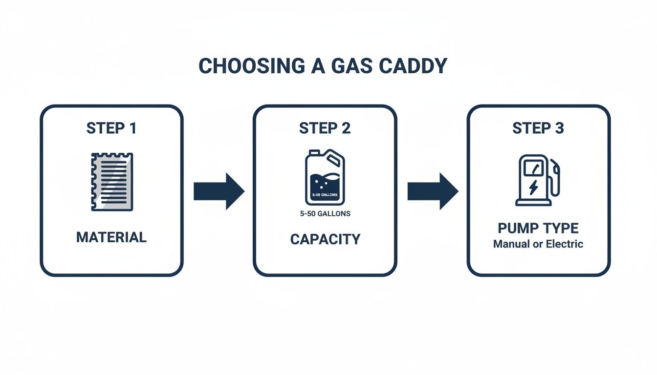 Flowchart showing three steps for choosing a gas caddy: material, capacity, and pump type.