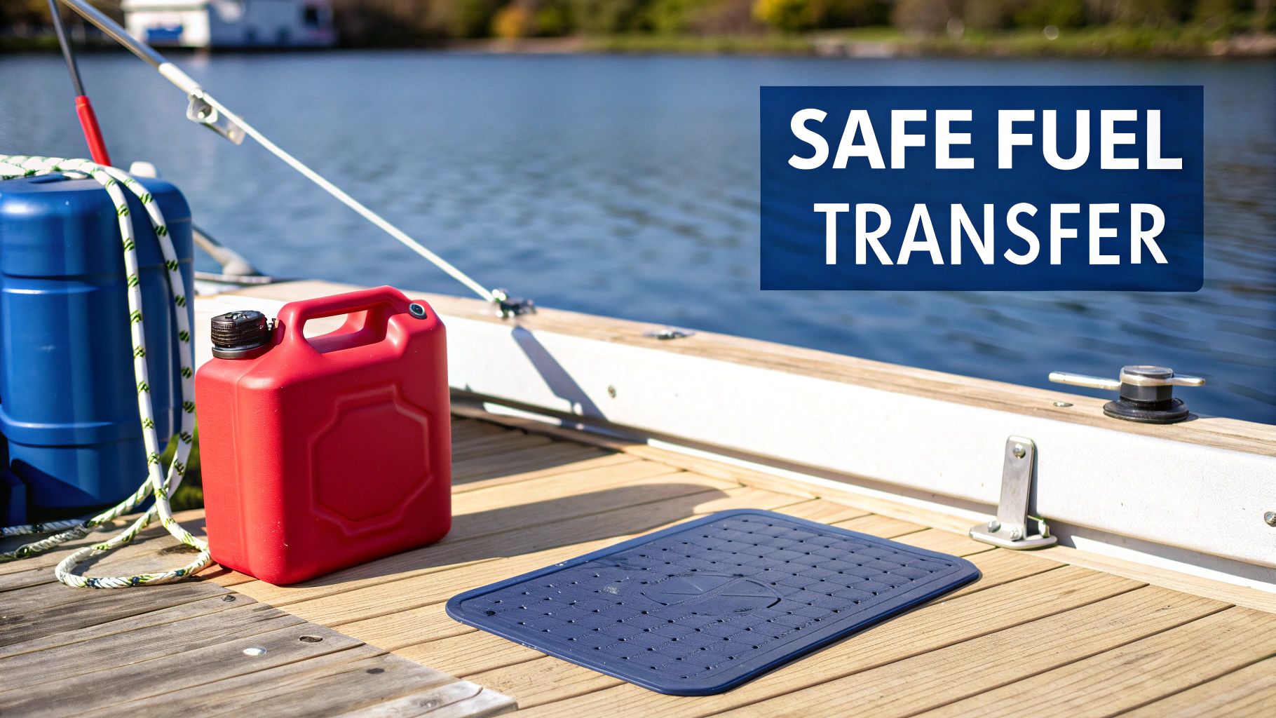 A red fuel can, blue spill mat, and tank on a wooden dock with 'SAFE FUEL TRANSFER' text.