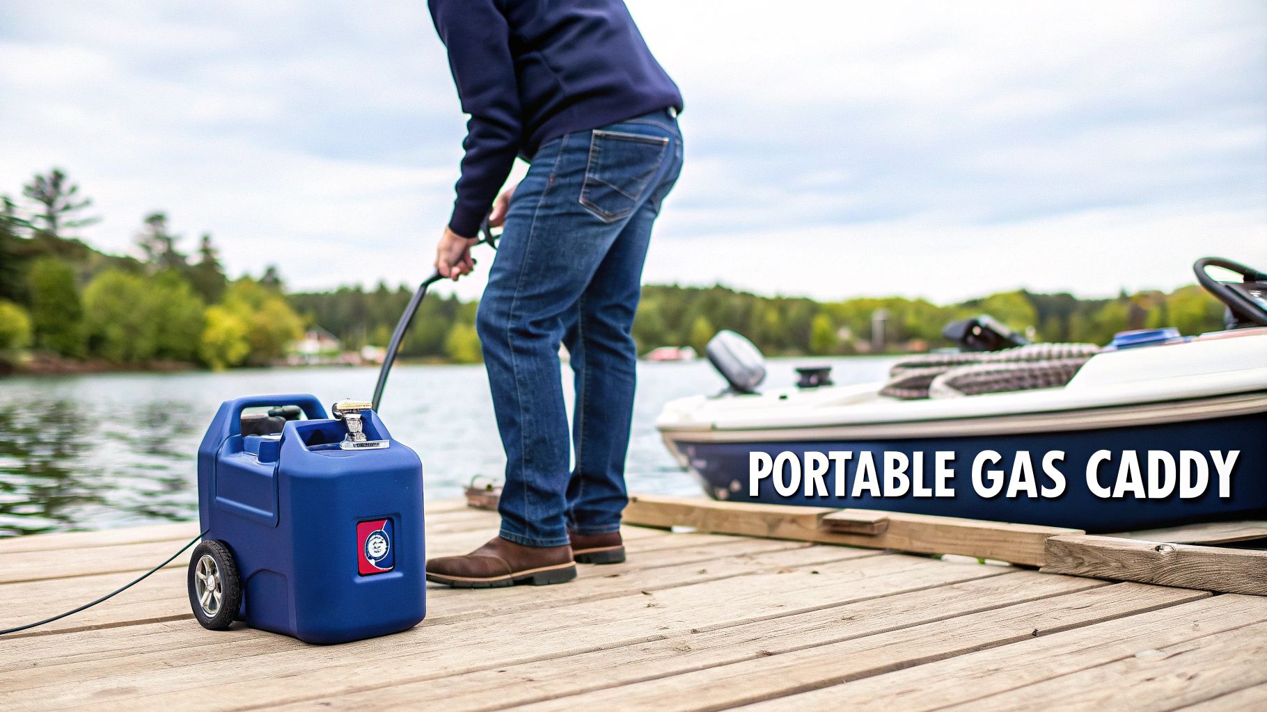 A person on a wooden dock with a blue portable gas caddy on wheels, near a boat on a lake.