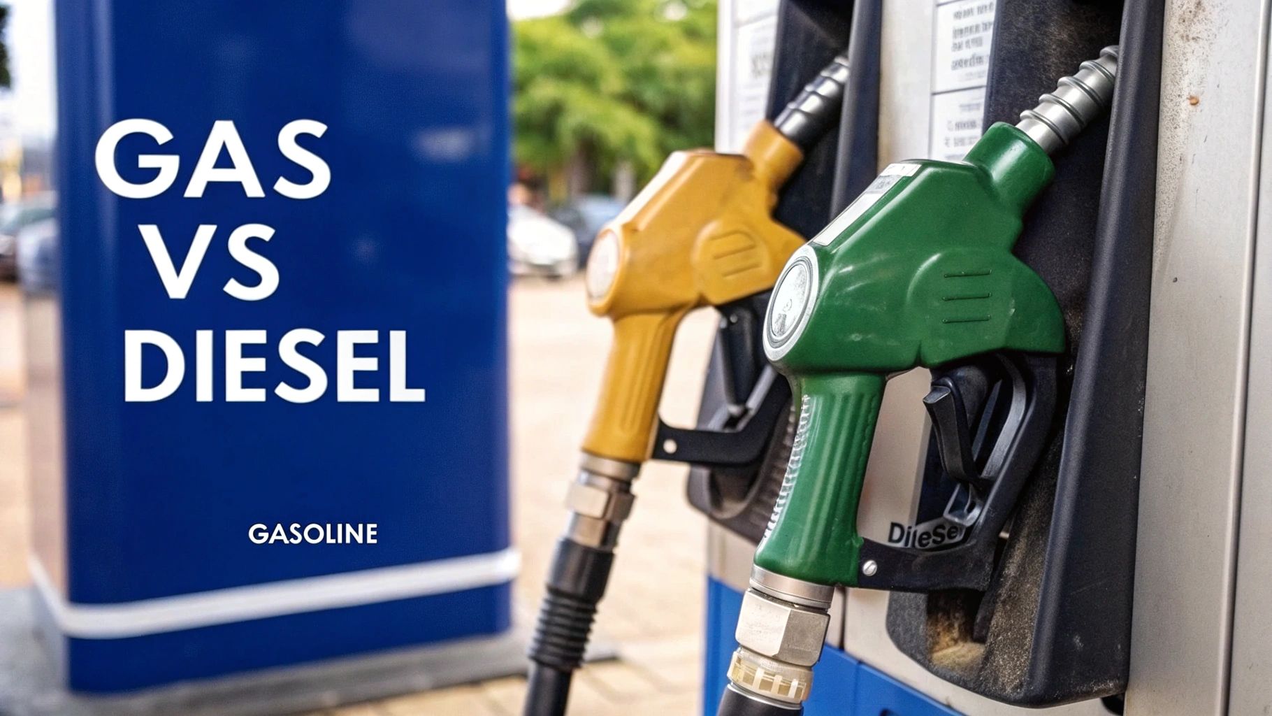Two fuel nozzles, one green for diesel and one black for gasoline, side by side