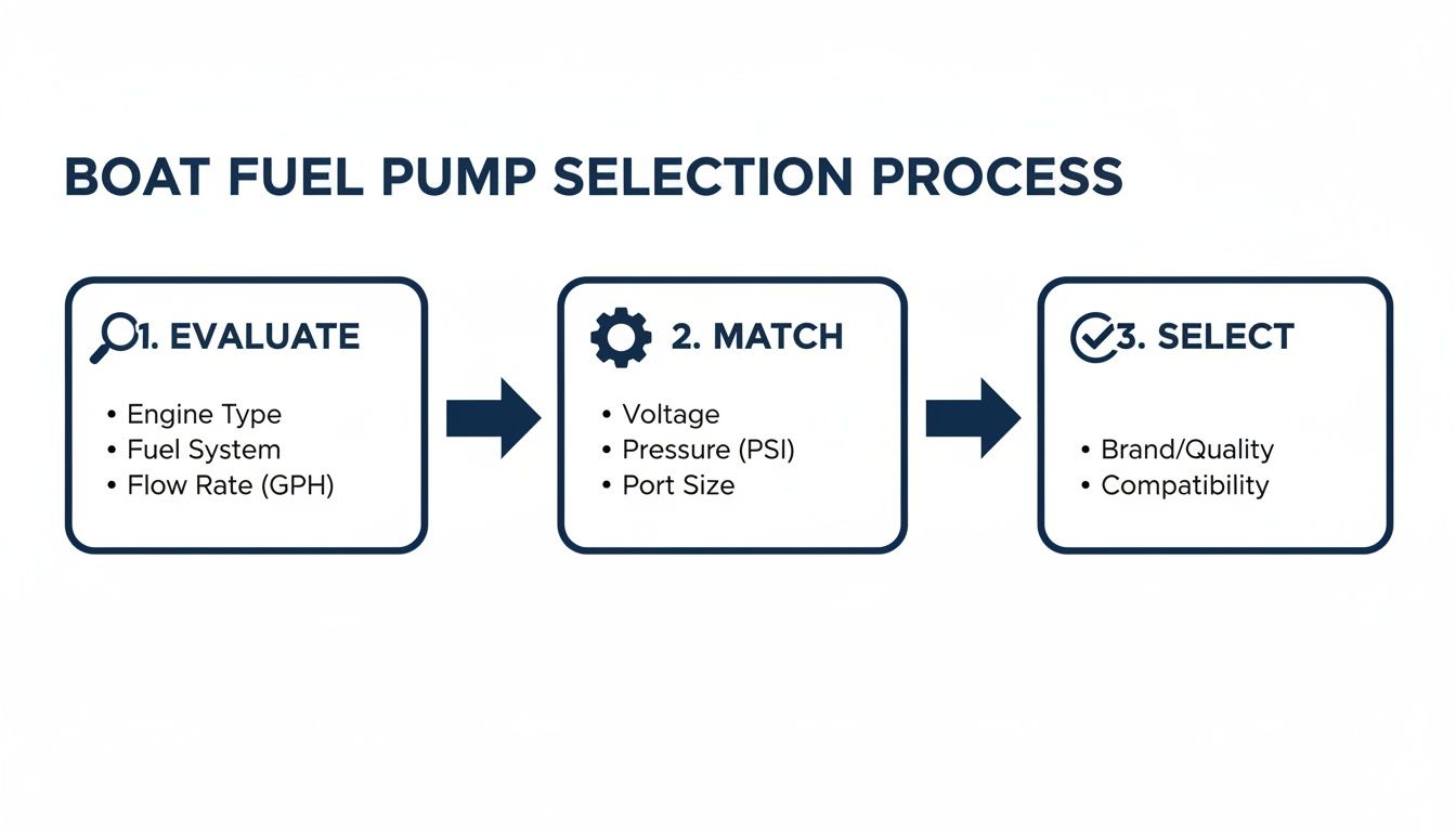 A 3-step infographic for boat fuel pump selection, detailing evaluation, matching, and final selection criteria.