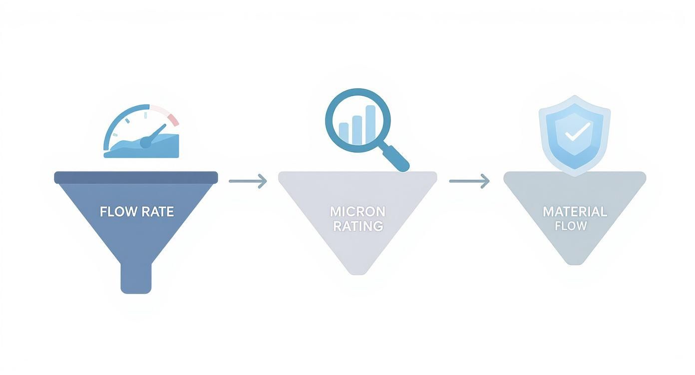 Diagram illustrating a filtration process from flow rate measurement through micron rating to optimized material flow.
