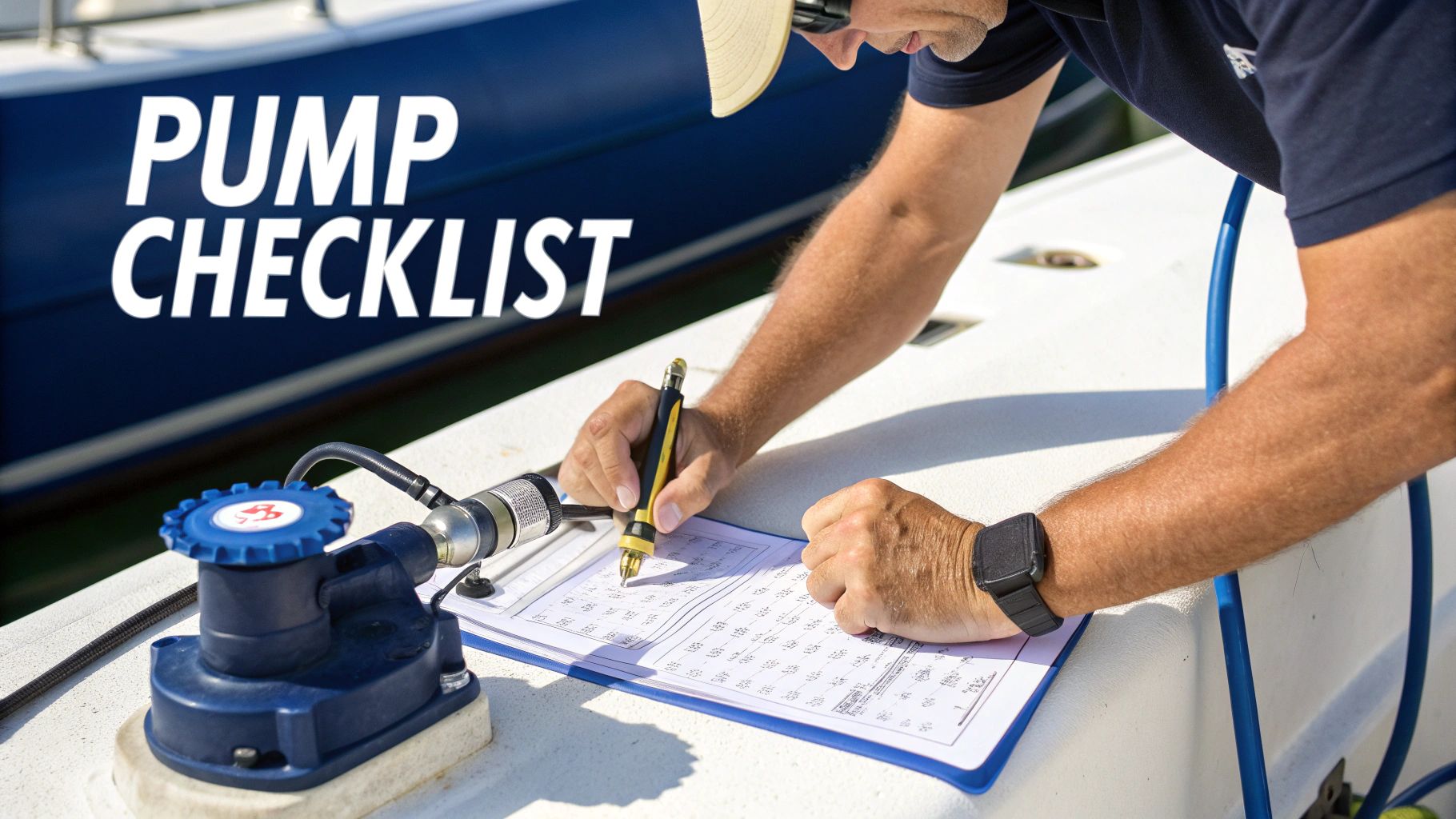 A man on a boat reviews a pump checklist, writing with a pen next to a blue pump device.
