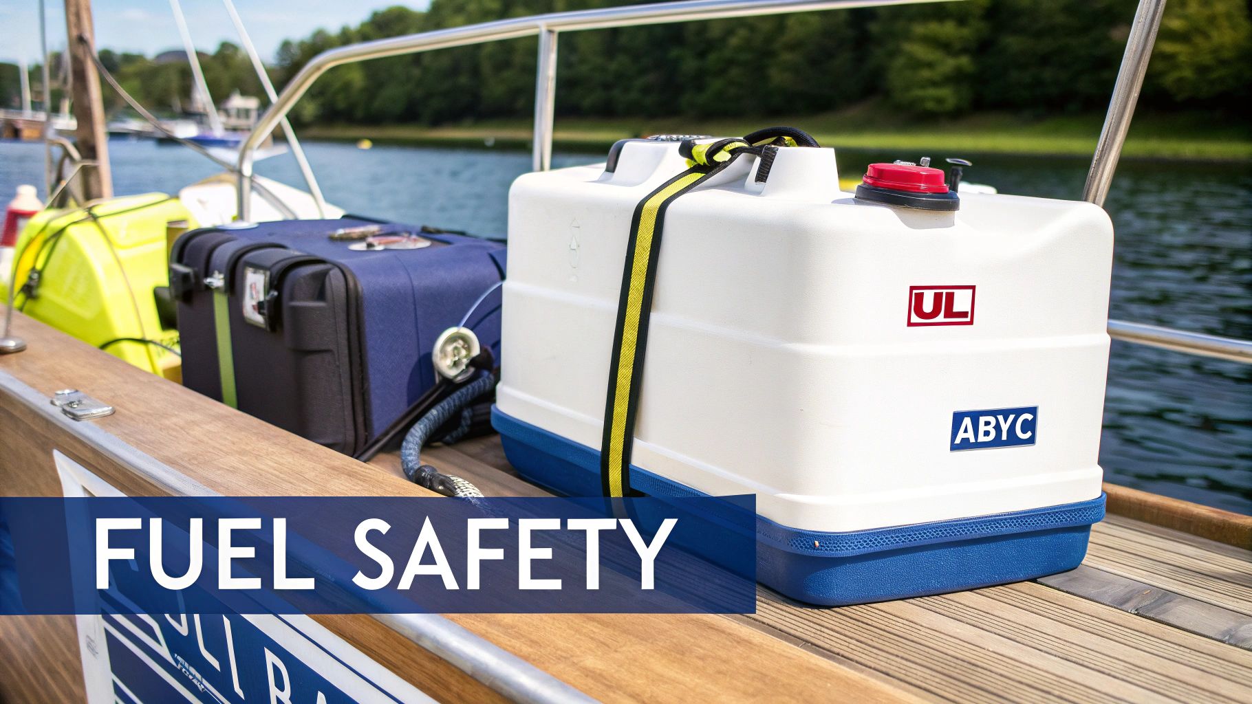 A white portable marine fuel tank with UL and ABYC logos sits securely on a boat deck, emphasizing fuel safety.