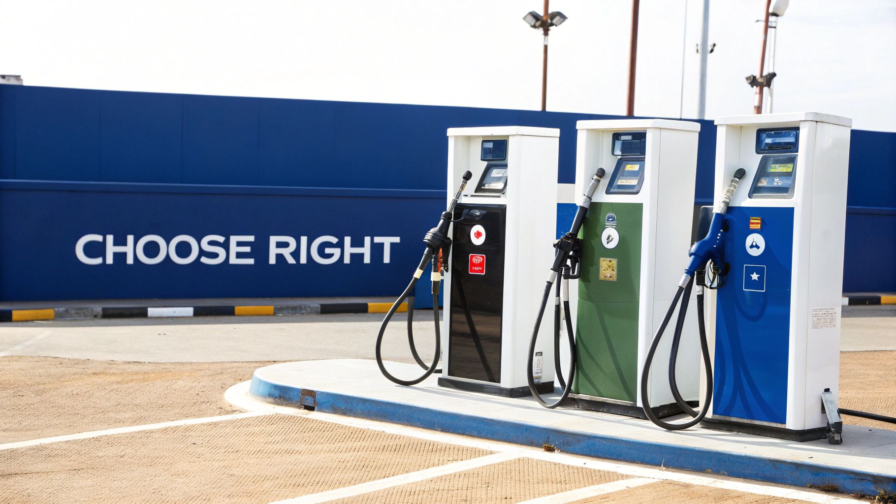 Three colorful gas pumps with hoses at a fuel station, set against a blue wall that reads 'CHOOSE RIGHT'.
