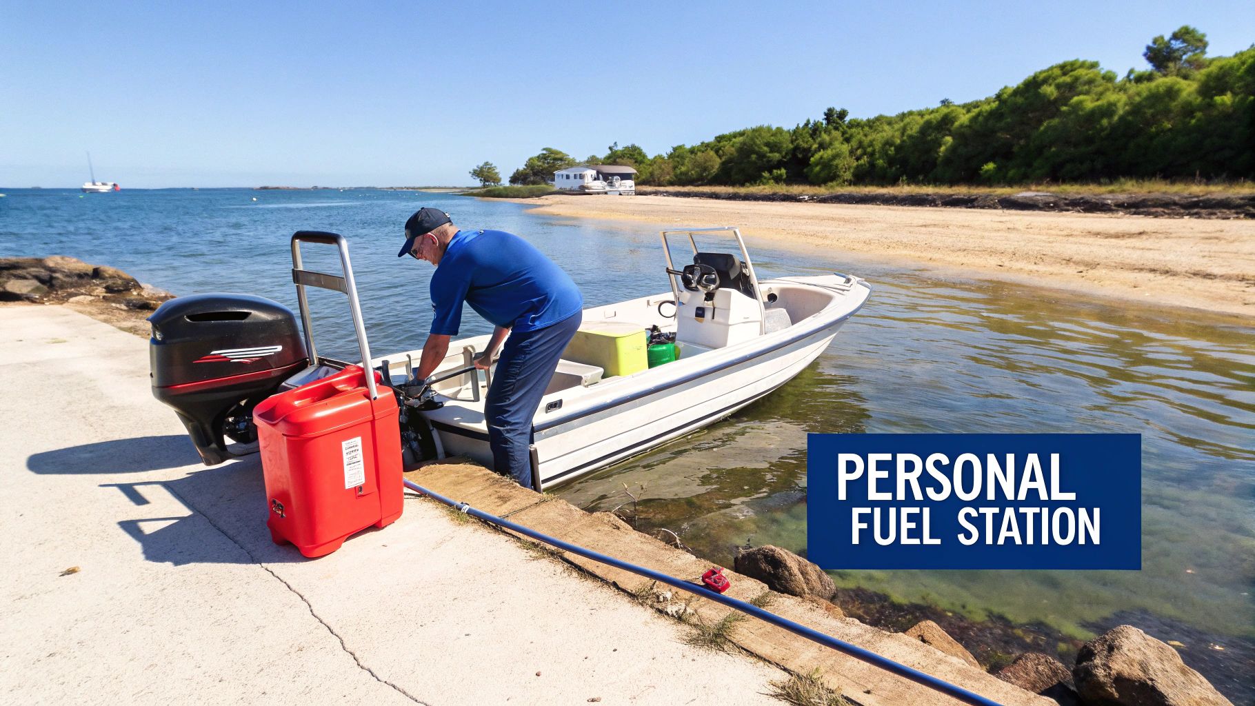 A man in a blue shirt refuels a white boat with a red portable fuel tank on a sunny dock.