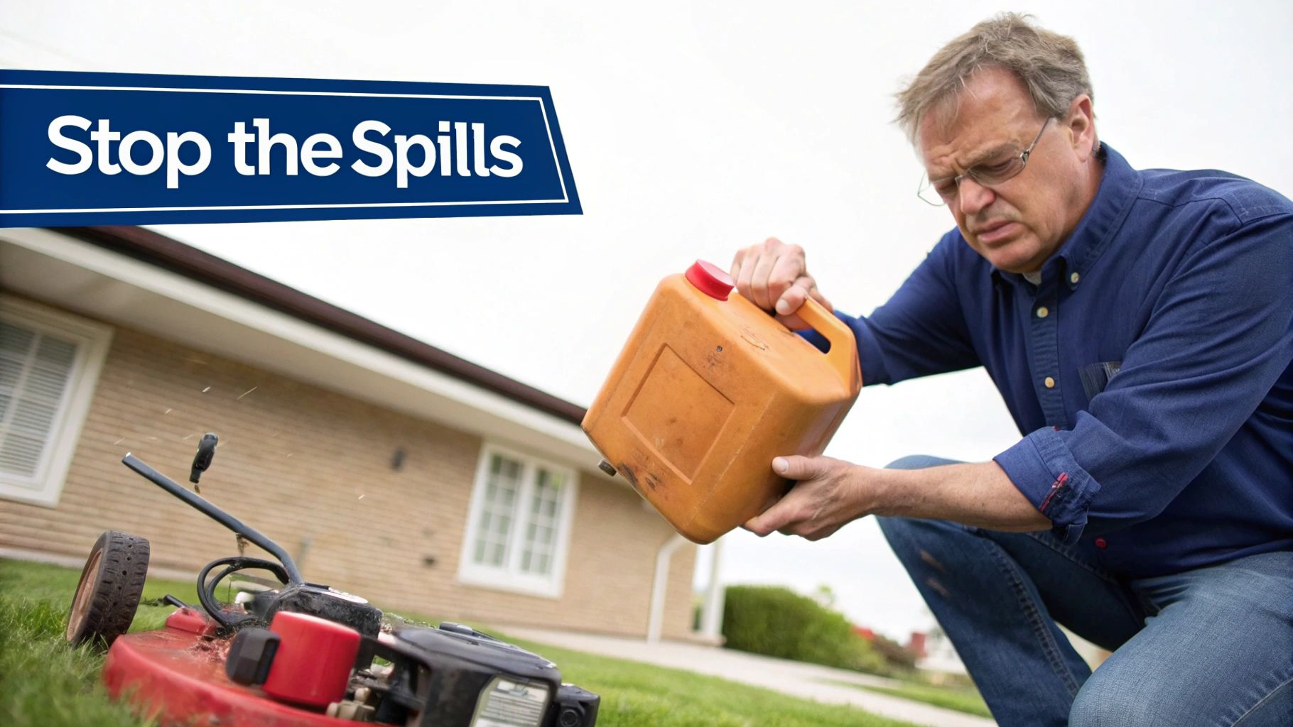 A man carefully pours gasoline from an orange can into a red lawnmower, with text 'Stop the Spills'.