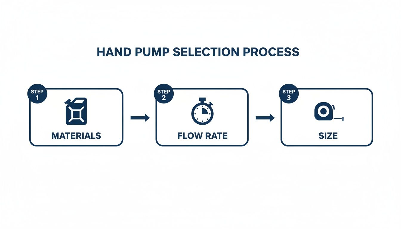 Flowchart illustrating the three-step hand pump selection process: materials, flow rate, and size.